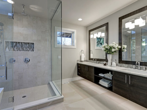 spacious gray bathroom remodel in Hopkins