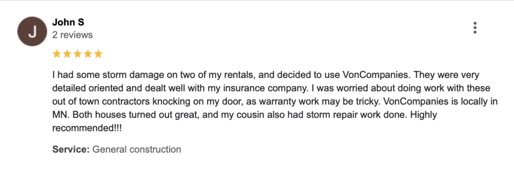 homeowner review of storm damage services from Von Companies
